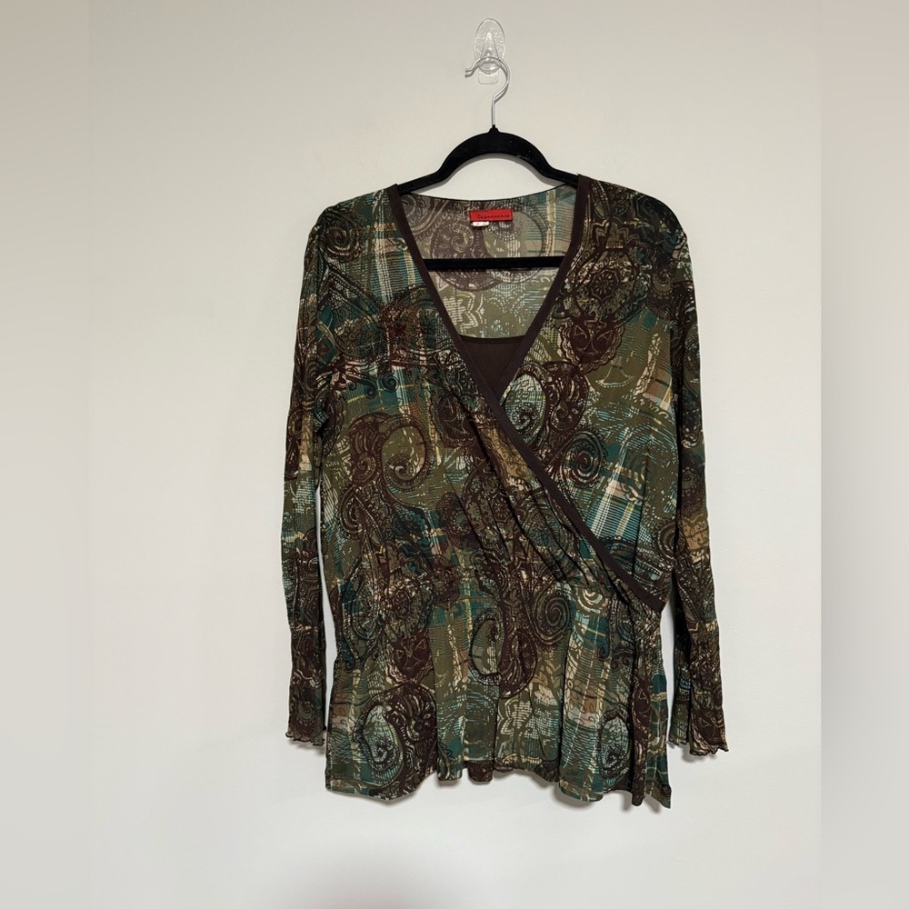 Tape Measure Y2K Faux Wrap Long Sleeve Mesh Top XL Paisley Plaid Forest Fairy